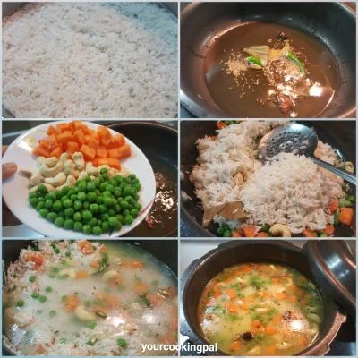 Tiranga Pulao - Carrot Cashew nut Peas Pulao preparation